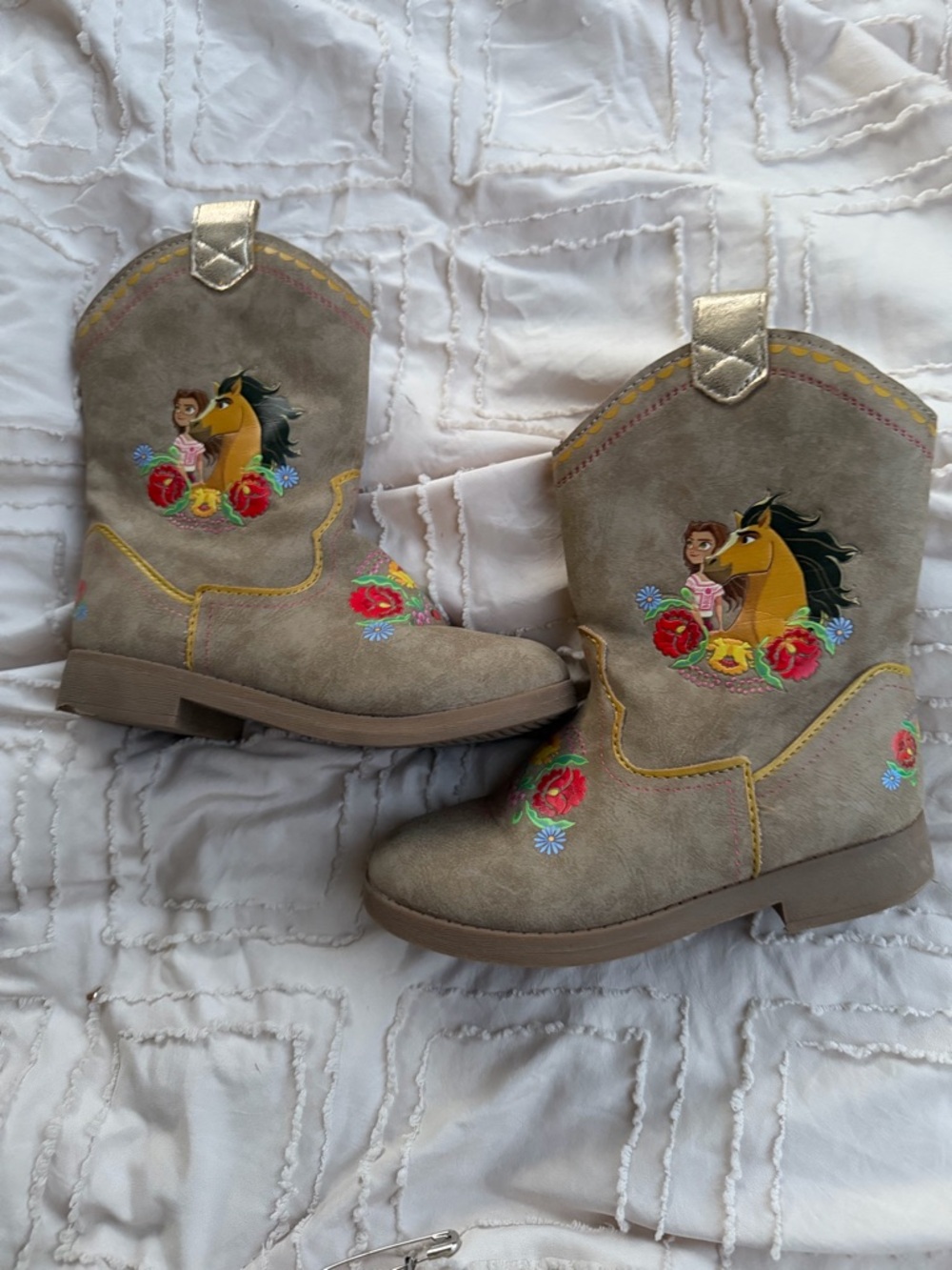 Girls' Taupe Embroidered Cowgirl princess Boots with Horse and flowers Design